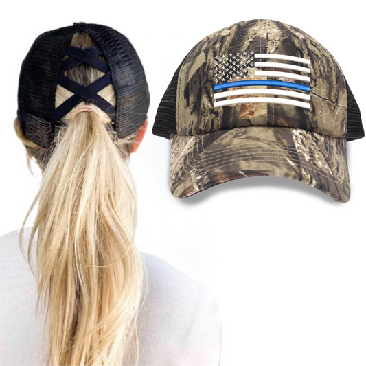 Thin Blue Line Flag Mossy Oak Camouflage Criss Cross Ponytail Hat