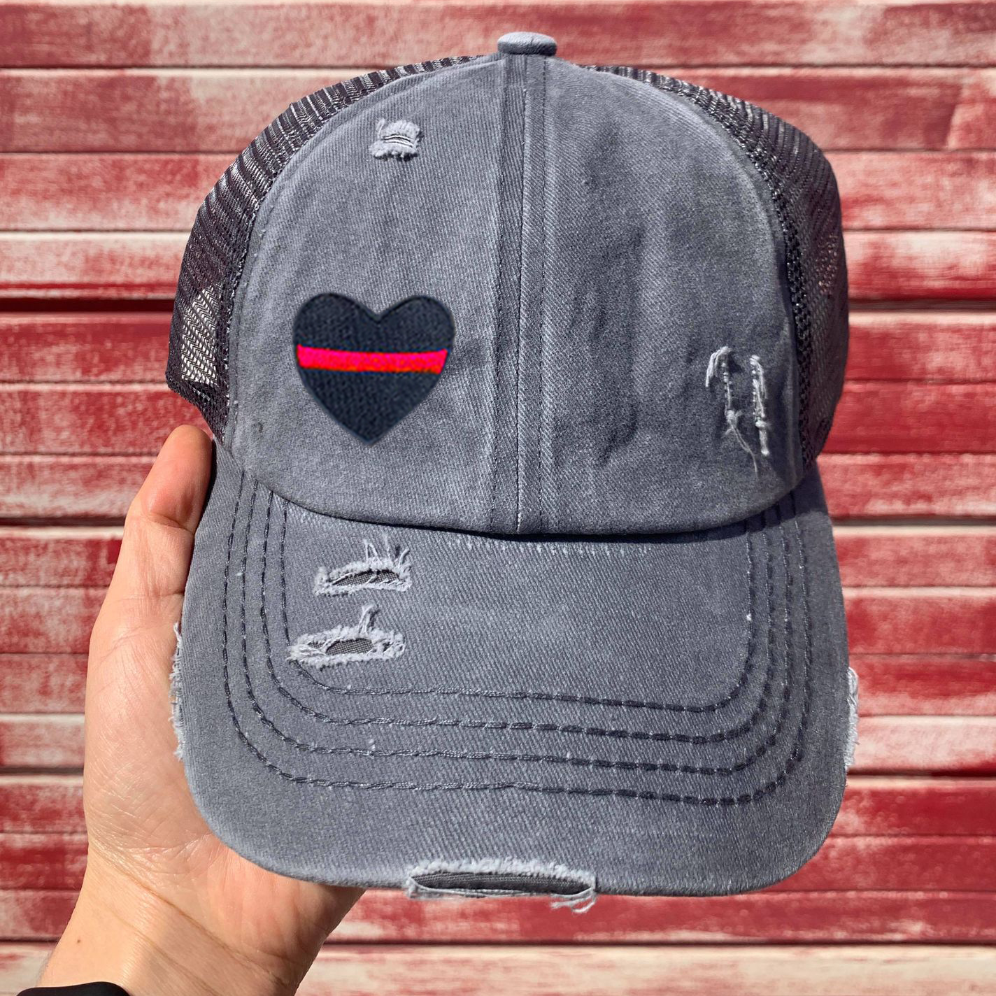 Thin Red Line Heart Washed Denim Criss Cross High Pony Ball Cap