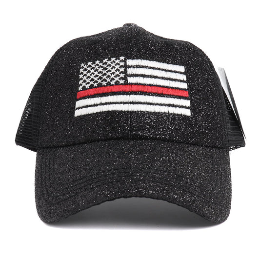 Thin Red Line American White Flag Women's Ponytail Mesh Glitter Hat