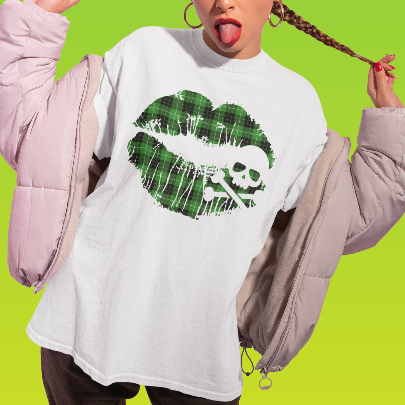 Skull & Crossbones Lips Green Plaid T-Shirt