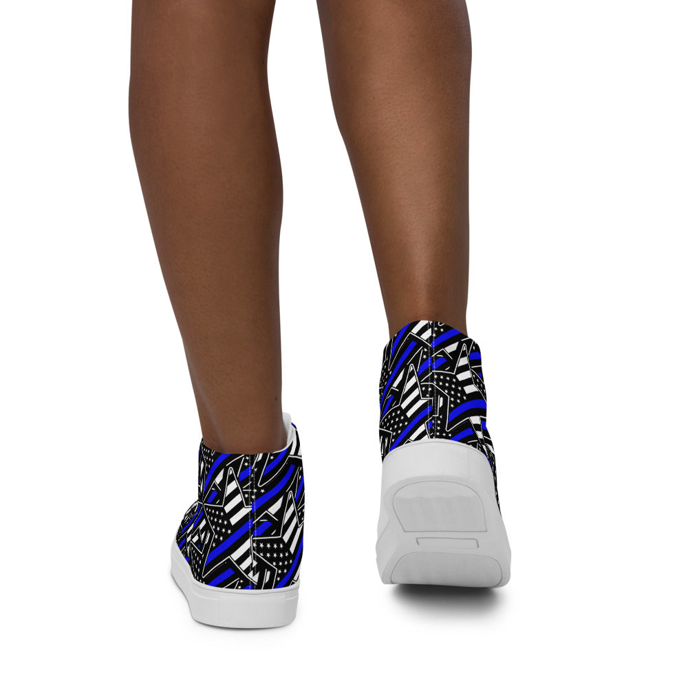 Thin Blue Line Star Pattern Women’s High Top Canvas Shoes
